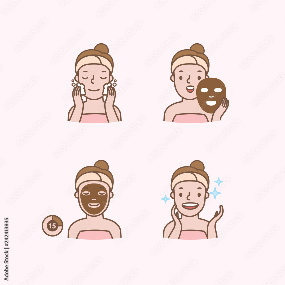 Step of face masking half body icon illustration vector on pink background. Beauty concept. Step of face masking half body icon illustration vector on pink background. Beauty concept.