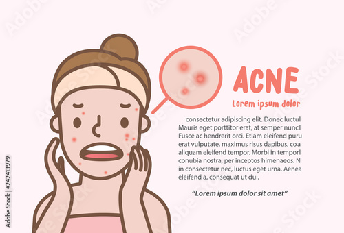 Acne woman cartoon action half body layout banner illustration vector on pink background. Beauty concept.