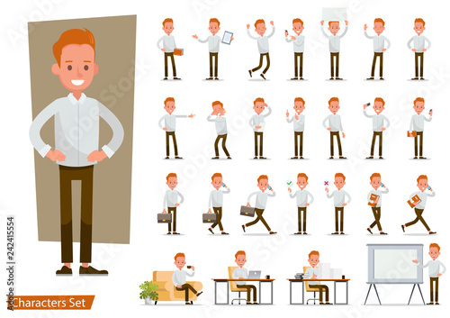 Set of office man worker character vector design. Presentation in various action with emotions, running, standing, walking and working. no10