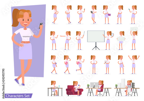 Set of office woman worker character vector design. Presentation in various action with emotions, running, standing, walking and working. no14 photo