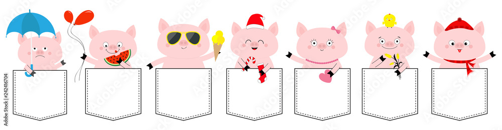 Pig set. T-shirt pocket. Cute funny cartoon character. All seasons. Happy Valentines Christmas Easter Bird Chicken Umbrella, rain. Santa hat. Flat design White background. Isolated Pig set. T-shirt pocket. Cute funny cartoon character. All seasons. Happy Valentines Christmas Easter Bird Chicken Umbrella, rain. Santa hat. Flat design White background. Isolated