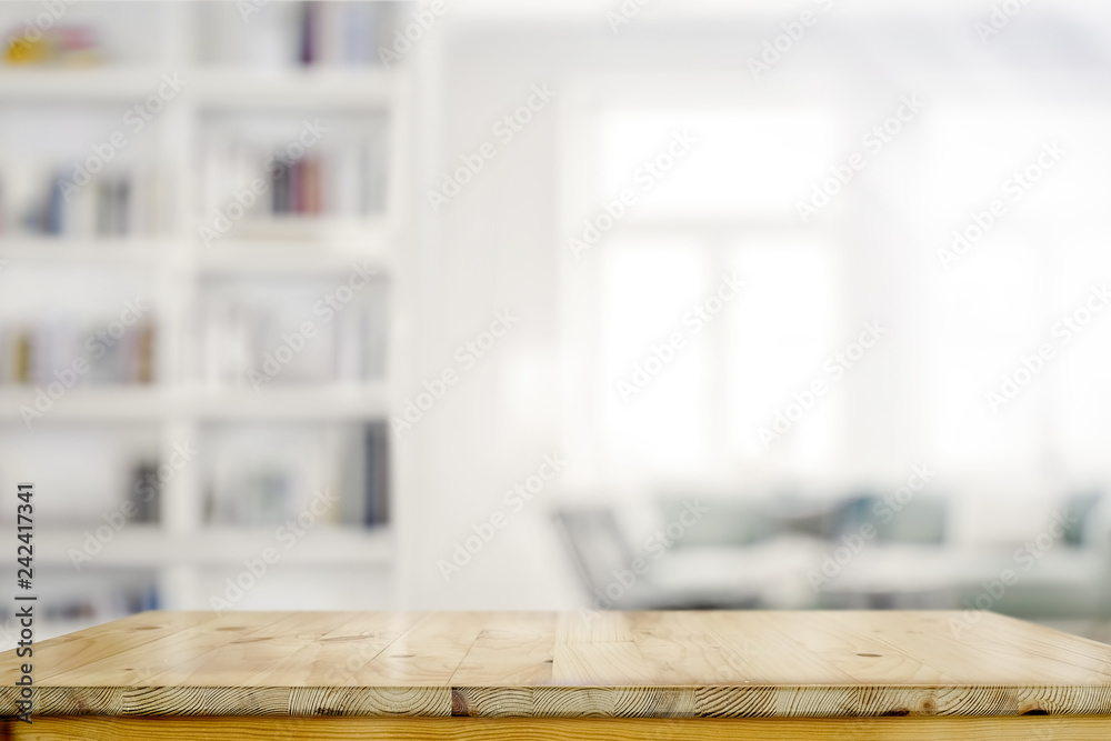 Empty wooden desk table in living room background - obrazy, fototapety, plakaty 