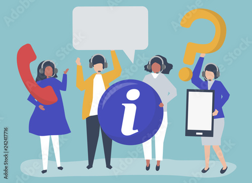 Call center operators carrying communication icons