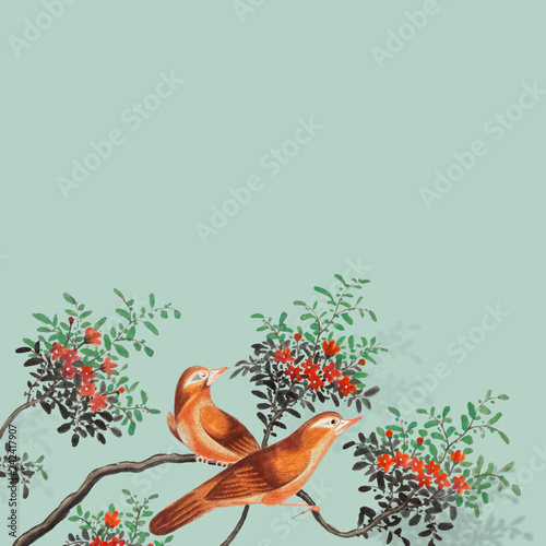 Chinese painting featuring two birds on a flowering tree branch card