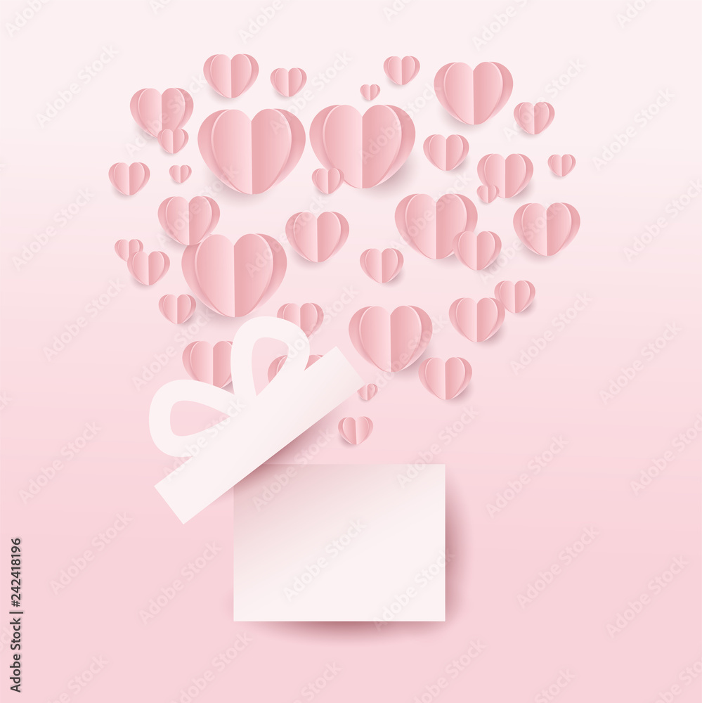 Valentine’s gift box and hearts flying, heart shape on pink background. paper cut style. Vector illustration