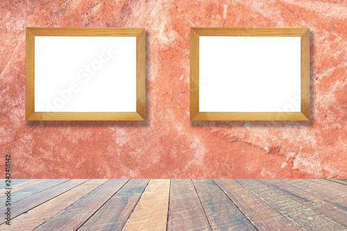 Orange wall and empty wood desk and Wooden frame .Blank space for text and images.