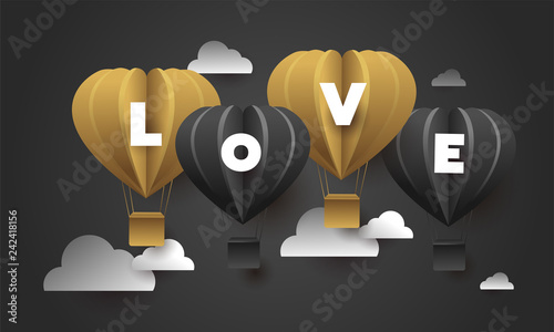 Letter love with heart balloons on black background. Valentine’s day love invitation card. Vector illustration, paper cut or papercraft style