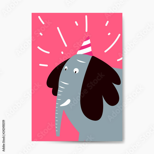 Blue elephant wearing a party hat vector graphic