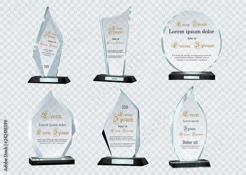 Glass Trophy Awards template. Vector prize isolated on transparent background