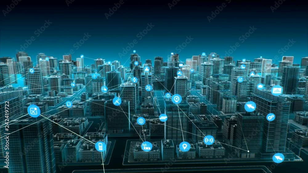 Various smart sensor icon on Smart city, connecting Internet of Things technology. blue x-ray aerial view. 4k animation.