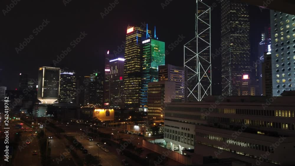 Hong Kong Cityscape. Night view of cityscape in Central District, with Wheel 