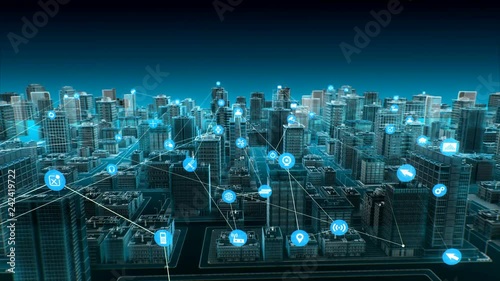 Various smart sensor icon on Smart city, connecting Internet of Things technology. blue x-ray aerial view. 4k animation.