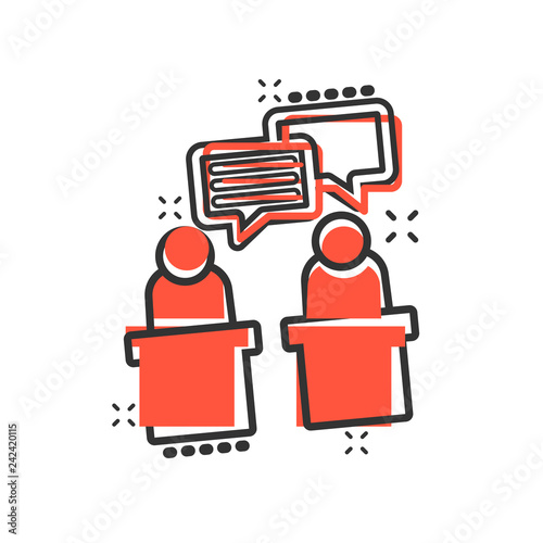 Politic debate icon in comic style. Presidential debates vector cartoon illustration pictogram. Businessman discussion business concept splash effect.