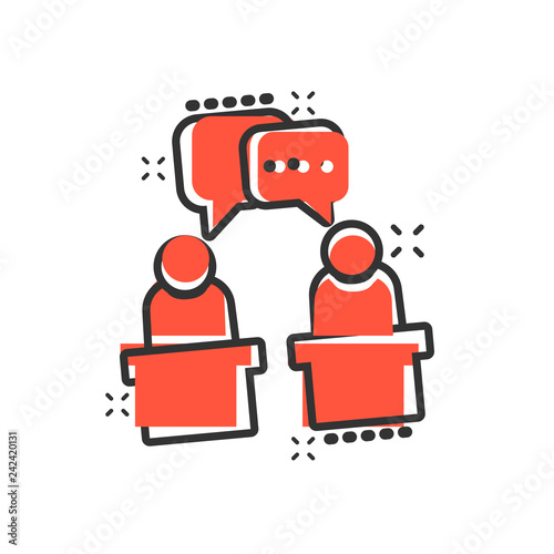 Politic debate icon in comic style. Presidential debates vector cartoon illustration pictogram. Businessman discussion business concept splash effect.