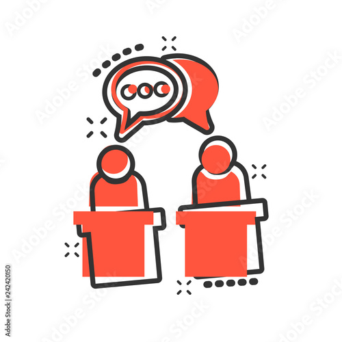 Politic debate icon in comic style. Presidential debates vector cartoon illustration pictogram. Businessman discussion business concept splash effect.
