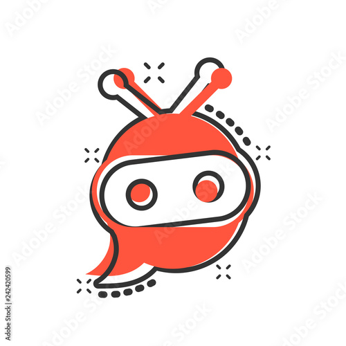 Cute robot chatbot icon in comic style. Bot operator vector cartoon illustration pictogram. Smart chatbot character business concept splash effect.