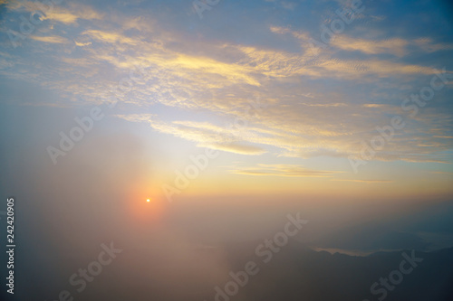 The scenery of the sunrise with fog. Location: Pui Kho mountain in Northern Thailand