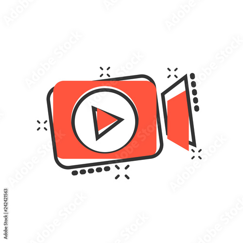 Video camera icon in comic style. Movie play vector cartoon illustration pictogram. Video streaming business concept splash effect.