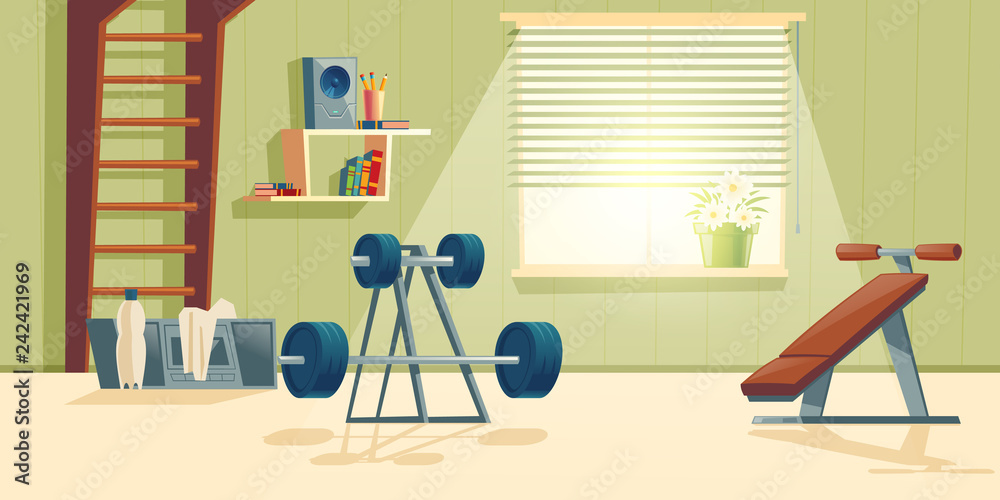 Vecteur Stock Vector cartoon background of home gym with window