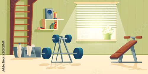 Fototapeta Naklejka Na Ścianę i Meble -  Vector cartoon background of home gym with window. Morning exercises with barbell, climbing frame and metal dumbbell. Sport interior with record player, bottle and towel. Athletic, healthy concept.