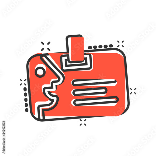 Id card icon in comic style. Identity badge vector cartoon illustration pictogram. Access cardholder people business concept splash effect.