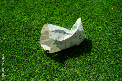 The empty paper sack for snack on the green grass.