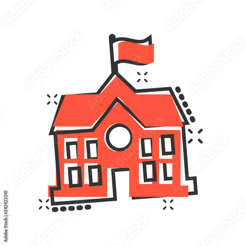 School building icon in comic style. College education vector cartoon illustration pictogram. Bank, government business concept splash effect.