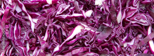 Chopped red cabbage, closeup. From above, overhead, flat lay.