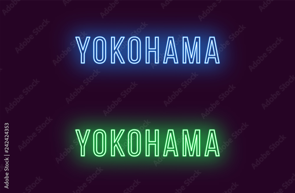 Neon name of Yokohama city in Japan. Vector text