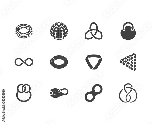 Geometric shapes flat glyph icons set. Topology figures sphere, torus, mobius strip, klein bottle vector illustrations. Signs for education, impossible object. Solid silhouette pixel perfect 64x64