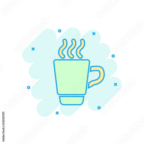 Coffee, tea cup icon in comic style. Coffee mug vector cartoon illustration pictogram. Drink business concept splash effect.