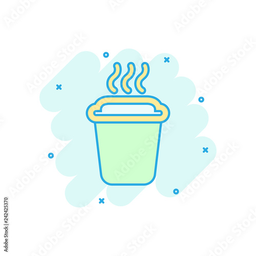 Coffee, tea cup icon in comic style. Coffee mug vector cartoon illustration pictogram. Drink business concept splash effect.
