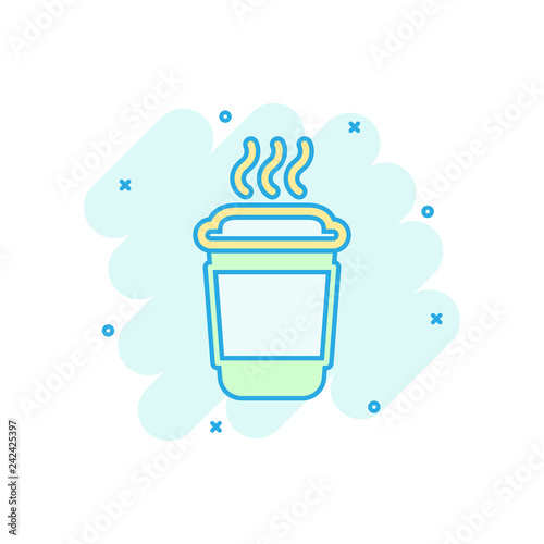 Coffee, tea cup icon in comic style. Coffee mug vector cartoon illustration pictogram. Drink business concept splash effect.