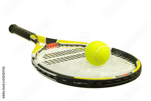 Tennis racket and ball on white background