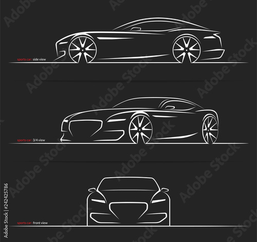 Set of sports car silhouettes isolated on black background. Side, three-quarter and front view. Vector illustration