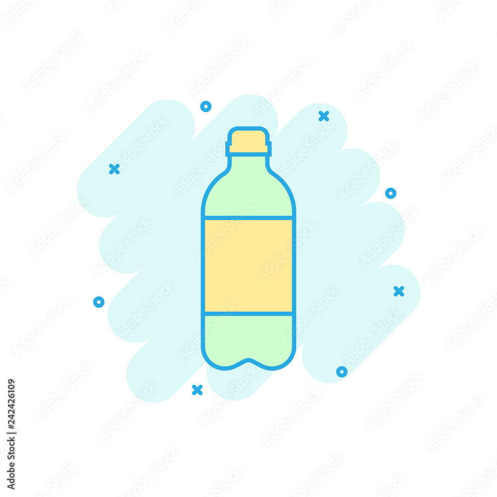 Water bottle icon in comic style. Plastic soda bottle vector cartoon illustration pictogram. Liquid water business concept splash effect. Water bottle icon in comic style. Plastic soda bottle vector cartoon illustration pictogram. Liquid water business concept splash effect.