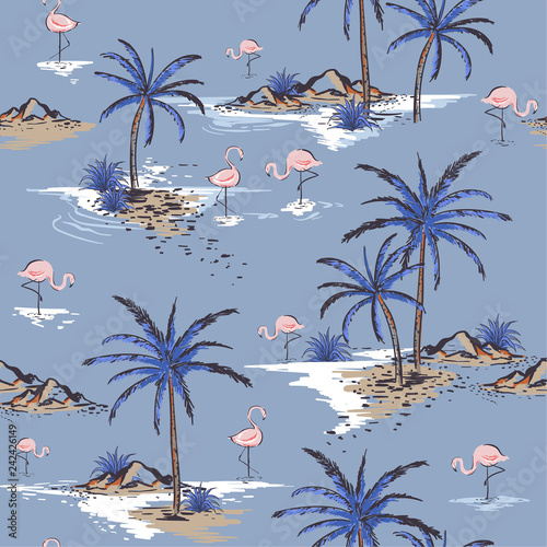 Summer Beautiful seamless island pattern on cool blue background. Landscape with palm trees,beach ,flamingo birds