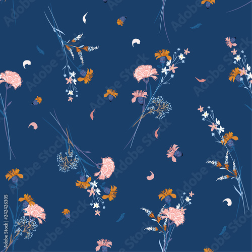 Beautiful sweet wild flower pattern Botanical Motifs scattered random. Seamless vector texture. For fashion prints. Printing with in hand drawn style