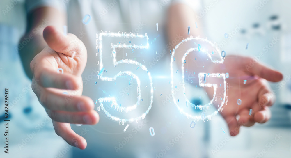 Businessman using 5G network digital hologram 3D rendering Businessman using 5G network digital hologram 3D rendering