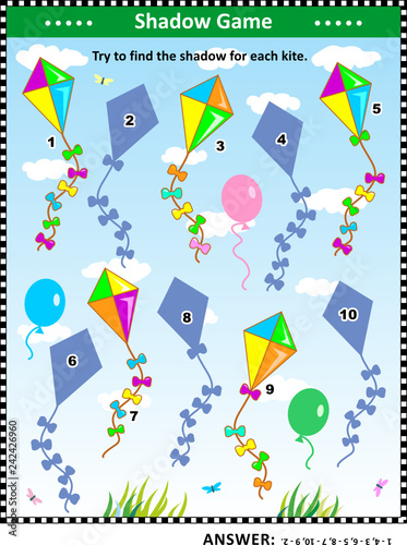 Visual puzzle with colorful kites: Try to find the shadow for each kite. Answer included.
