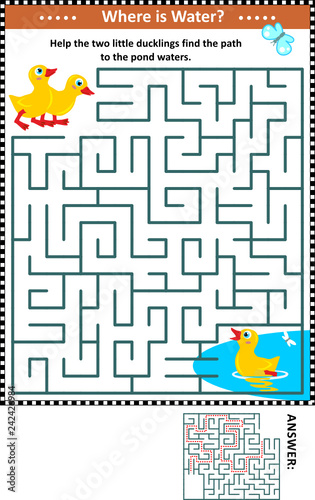 Maze game for children with little ducklings wanting to get to the pond waters. Answer included. 

