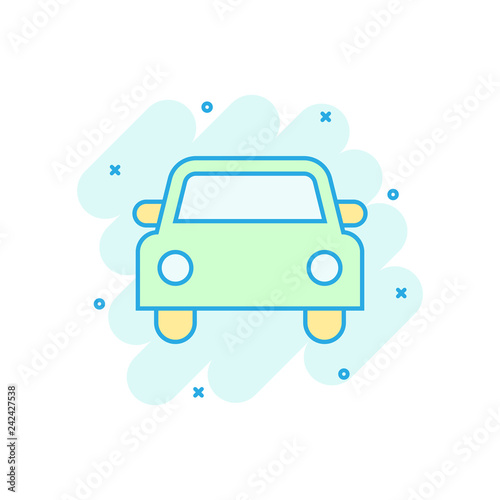 Car icon in comic style. Automobile car vector cartoon illustration pictogram. Auto business concept splash effect.