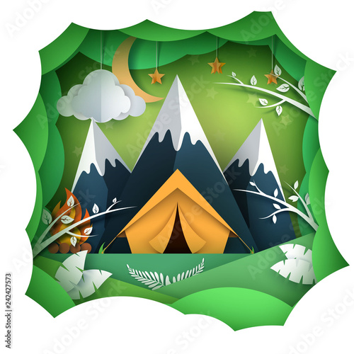 Pape summer landsape. Mountain, tent illustration.