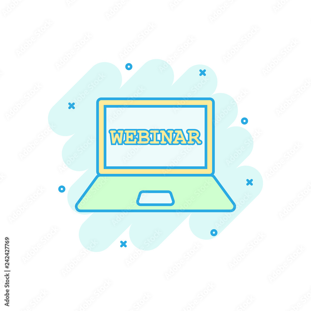 Online training process icon in comic style. Webinar seminar vector cartoon illustration pictogram. E-learning business concept splash effect. Online training process icon in comic style. Webinar seminar vector cartoon illustration pictogram. E-learning business concept splash effect.