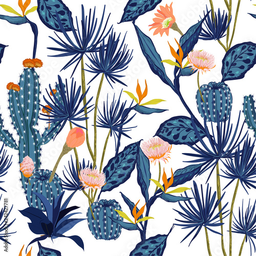 Seamless pattern vector tropical ,flower,bird of paradise and cactus forest ,hand drawing style for fashion,fabric and all prints
