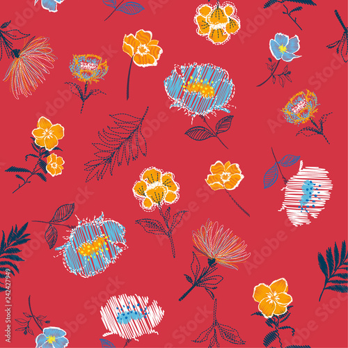 Summer fresh Seamless pattern Vector Embroidery trend floral with branch of tropical bloomong flowers.For fashion,fabirc and all prints photo