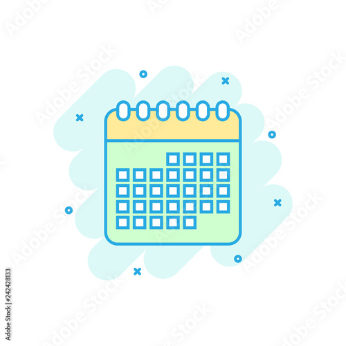 Calendar agenda icon in comic style. Planner vector cartoon illustration pictogram. Calendar business concept splash effect.