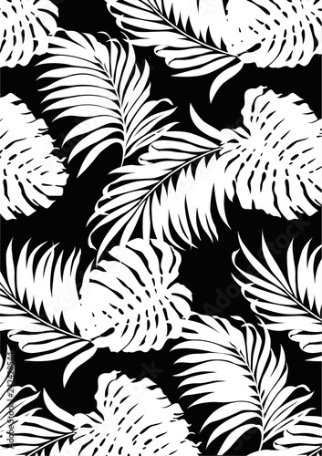 Seamless patterns of tropical leaves nature and plants are similar palm trees and ferns in monochrome, flat line vector and illustration.