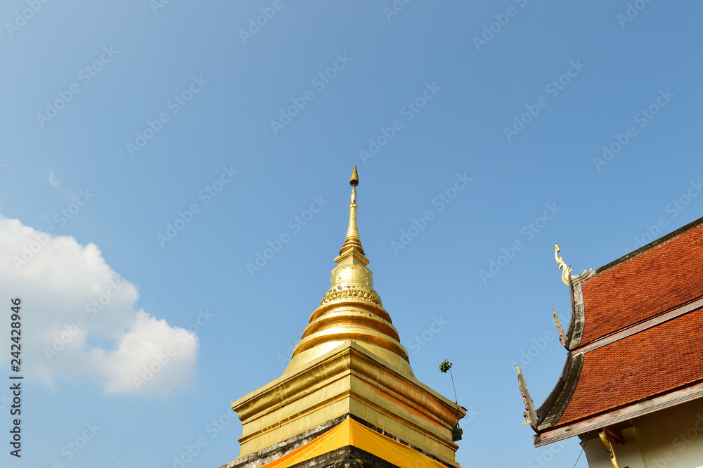 Landscape of golden pagoda in northern temple, Thailand