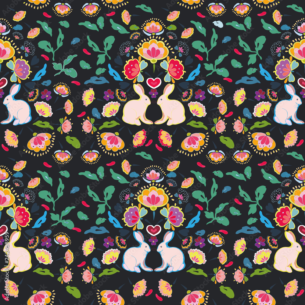 Black folk art floral repeat pattern with pink rabbit. Surface pattern design. Black folk art floral repeat pattern with pink rabbit. Surface pattern design.